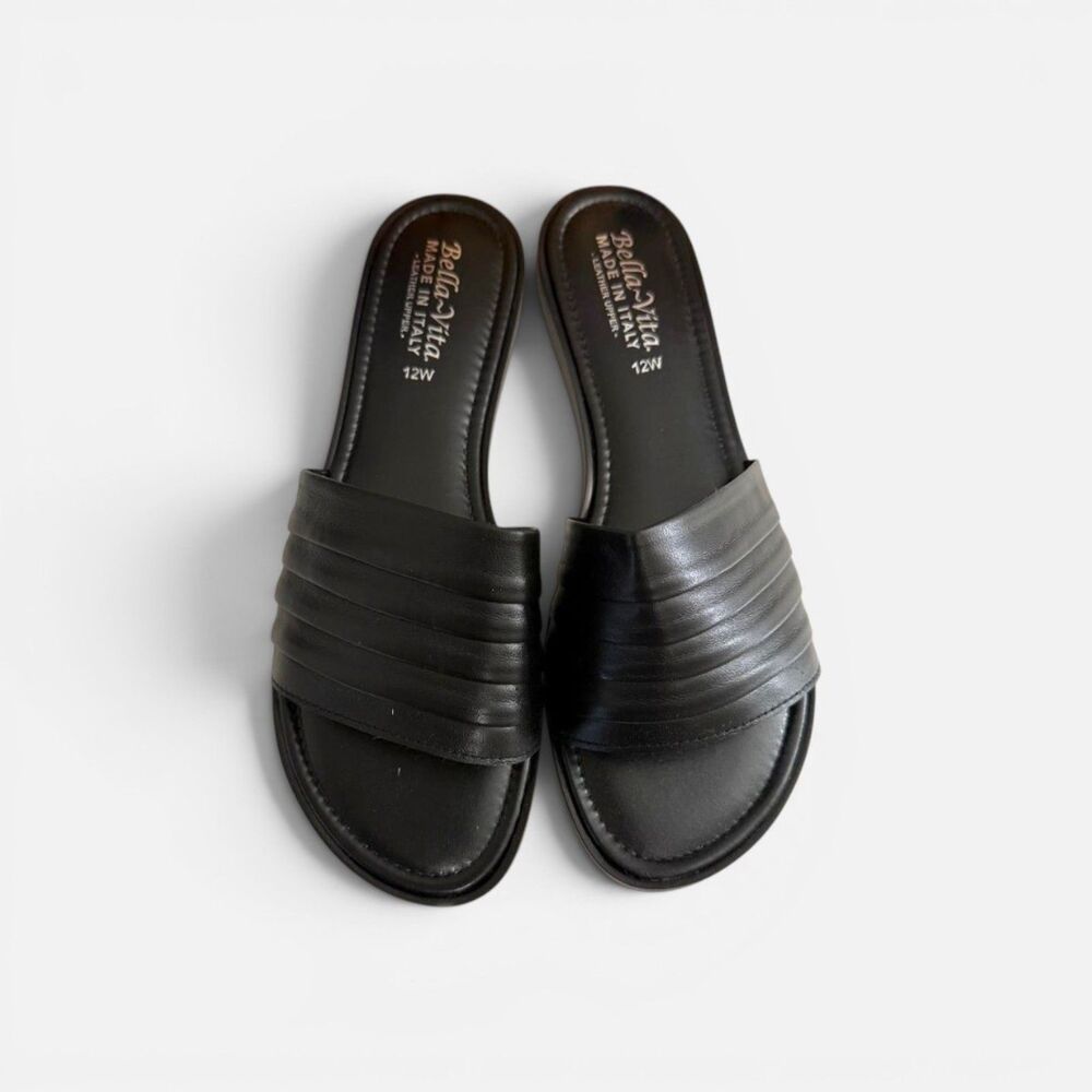 Bella-Vita Women's Rya-Italy Black Flat Slide Sandals, New In Box! Size 12 Wide